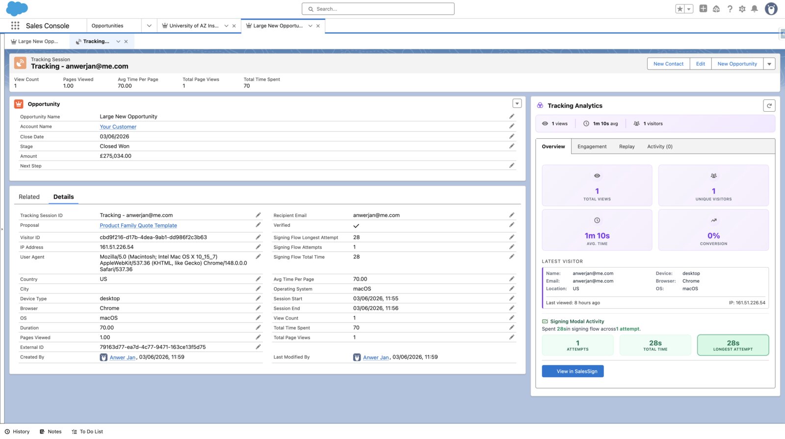 SalesSign engagement analytics on a Salesforce Opportunity — viewer tracking, time spent and session replay