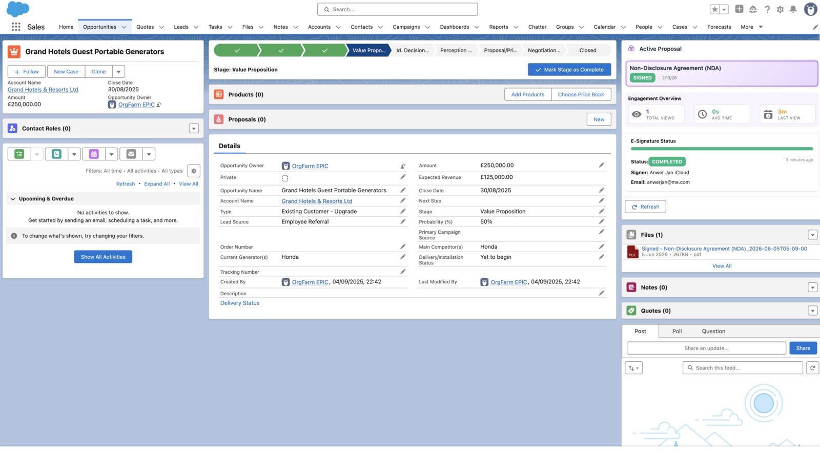 Executed NDA in Salesforce with e-signature status Completed and the signed PDF filed automatically against the Opportunity