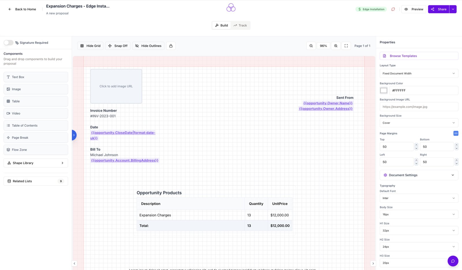 SalesSign pulling pricing and merge fields live from the Opportunity, instead of uploading a static PDF to sign