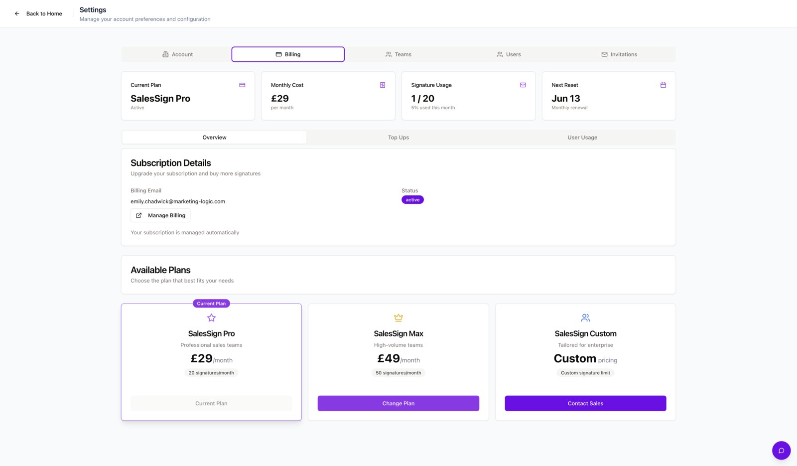 SalesSign flat per-user pricing: one plan covering proposals, eSignatures, analytics, SSO and Salesforce sync