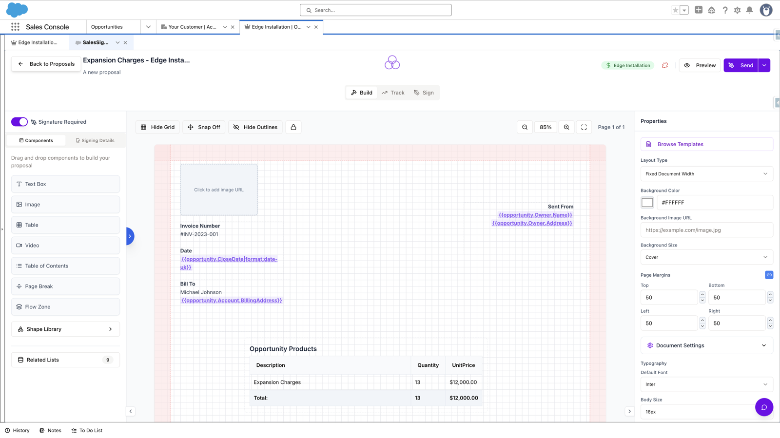 SalesSign proposal and eSignature builder running natively inside a Salesforce Sales Console tab