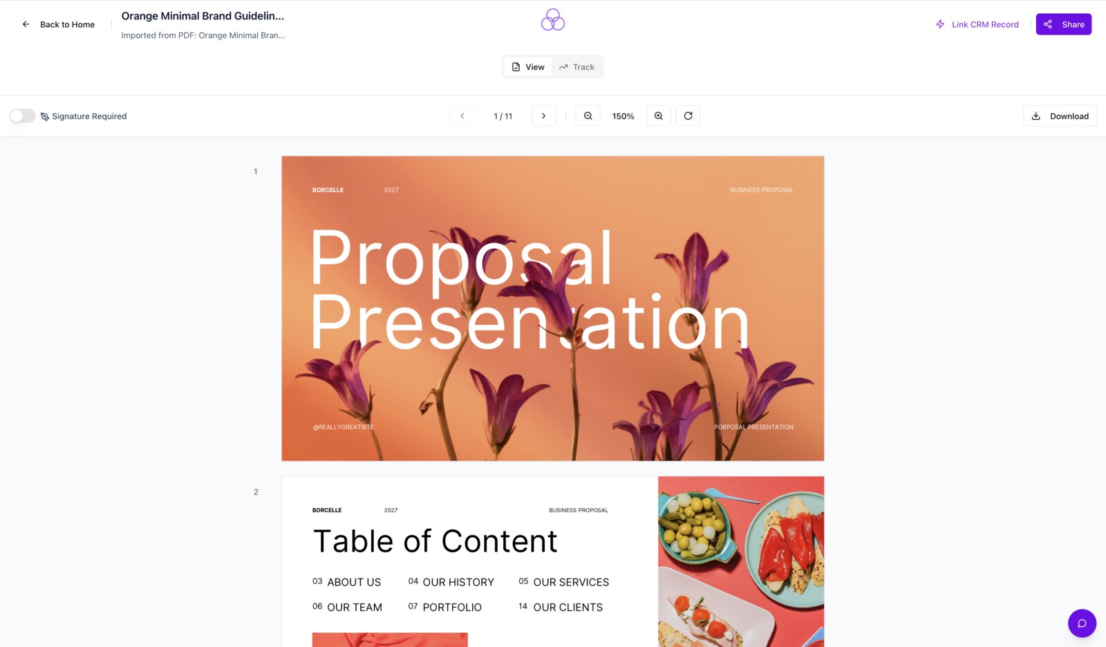 A polished, on-brand SalesSign proposal with interactive pricing tables and rich layout
