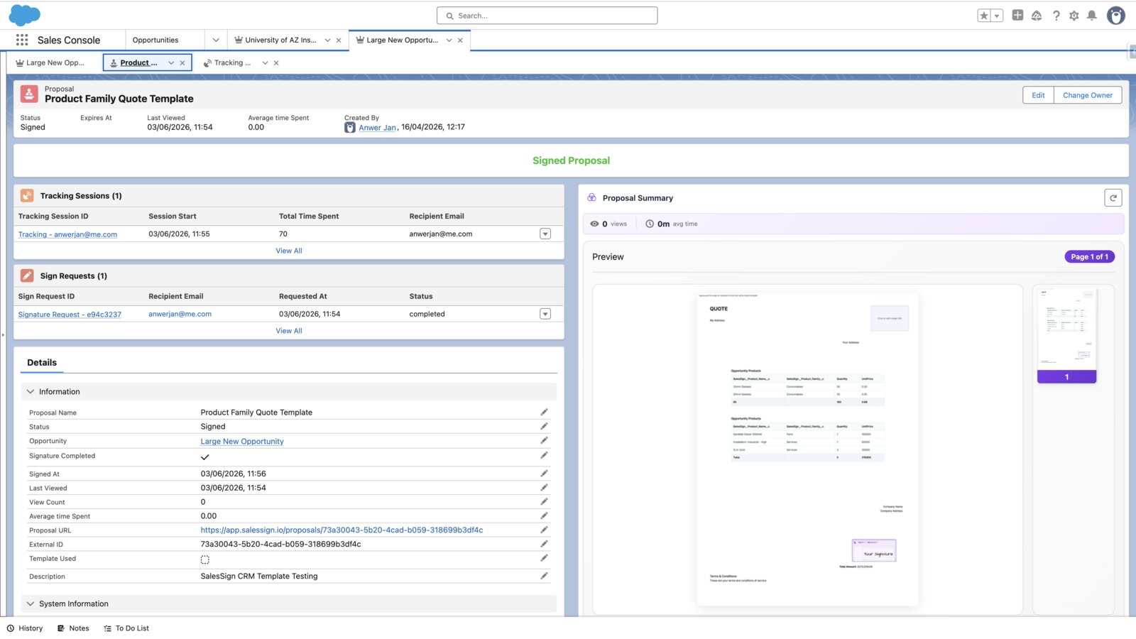 A signed SalesSign proposal record in Salesforce with tracking sessions and document preview