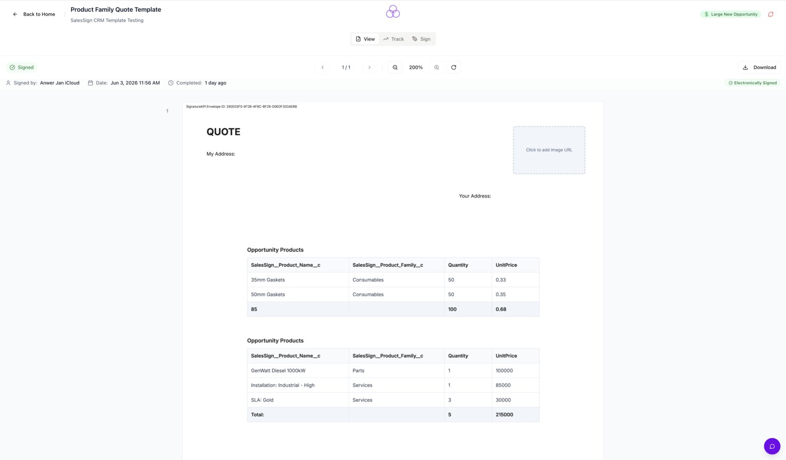 A SalesSign quote built from a template with Salesforce product line items, signed on any device