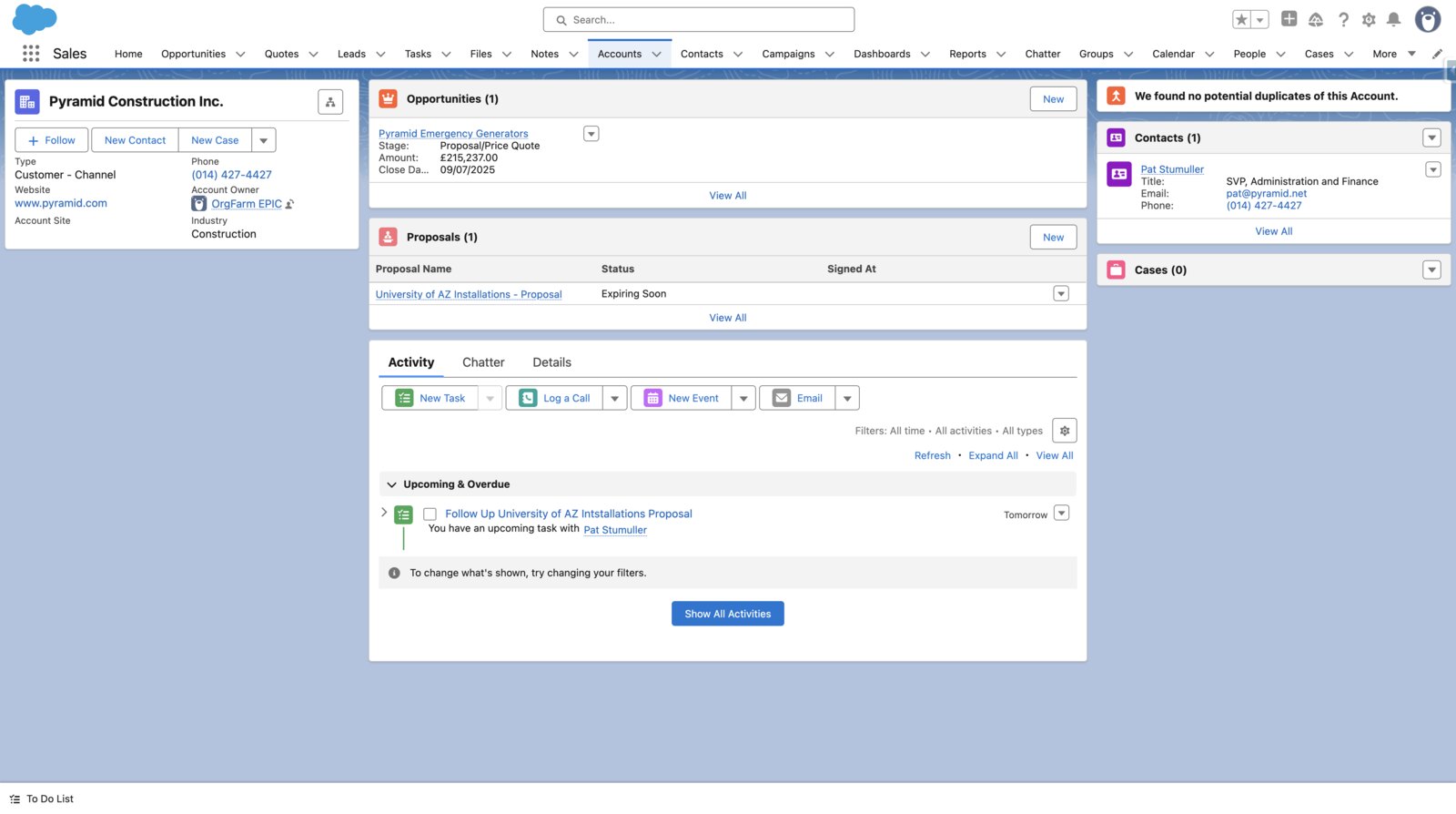 A Salesforce Account in SalesSign showing a renewal proposal expiring soon and a follow-up task
