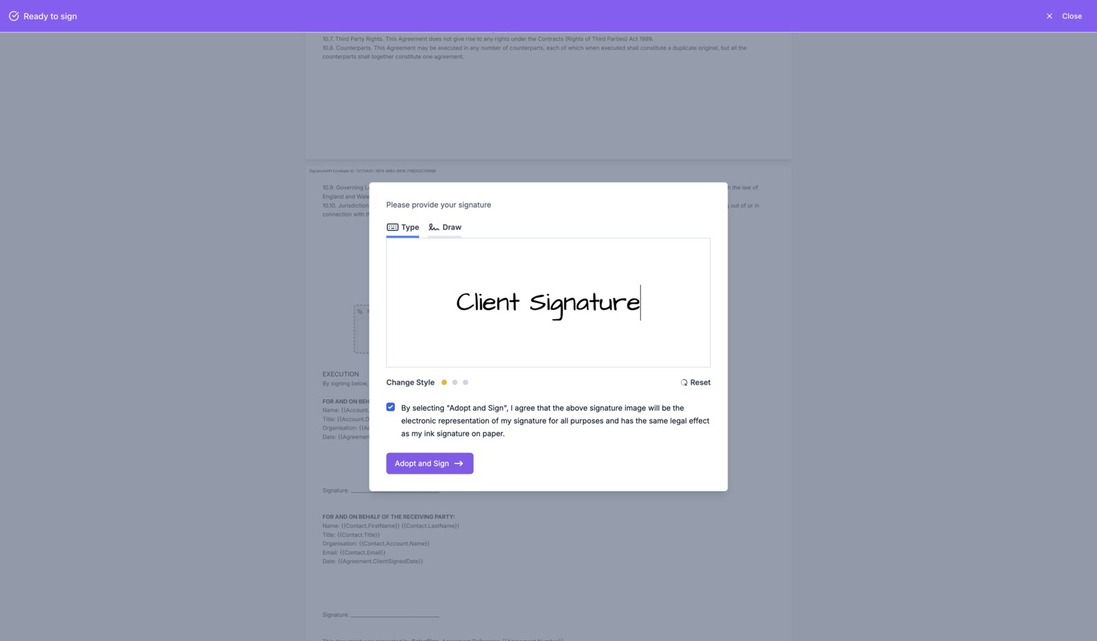 Legally robust SalesSign eSignature with audit trail compliant with eIDAS and ESIGN, beyond a simple accept button