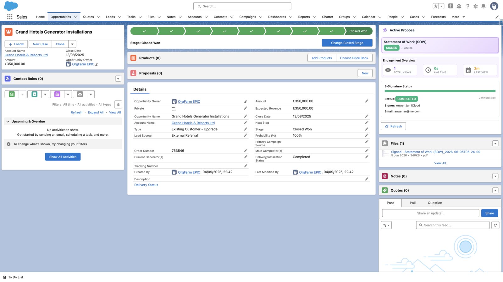 Signed Statement of Work linked to the Salesforce Opportunity with e-signature Completed, so delivery starts from approved scope