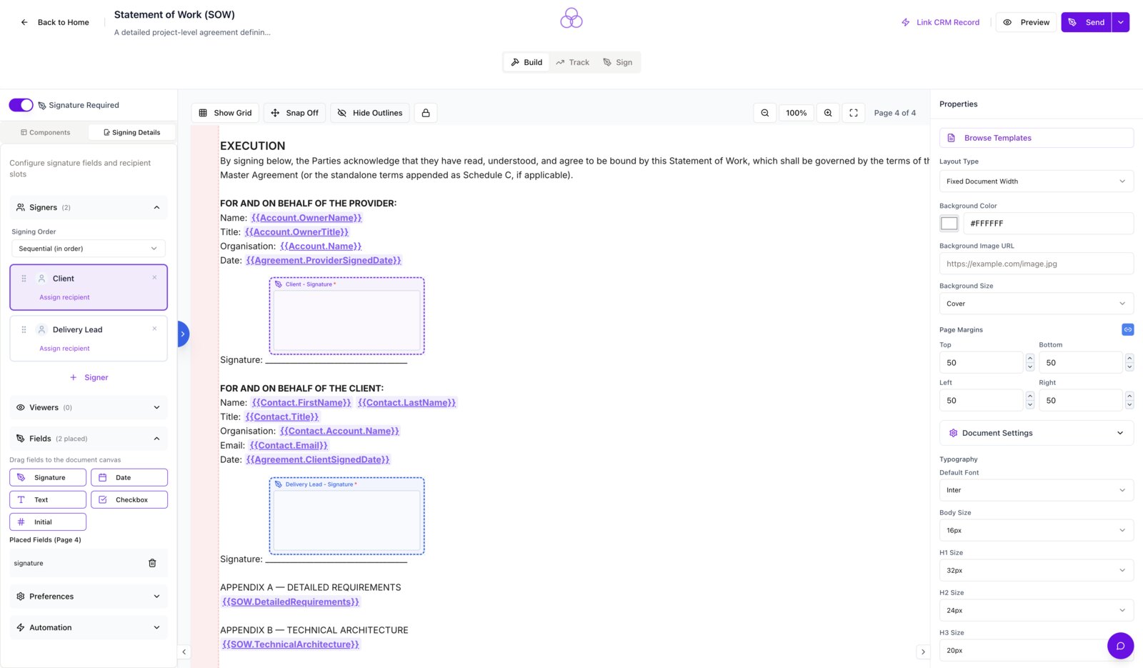 Multi-party signing order on a SalesSign Statement of Work: the client and the delivery lead both sign in sequence