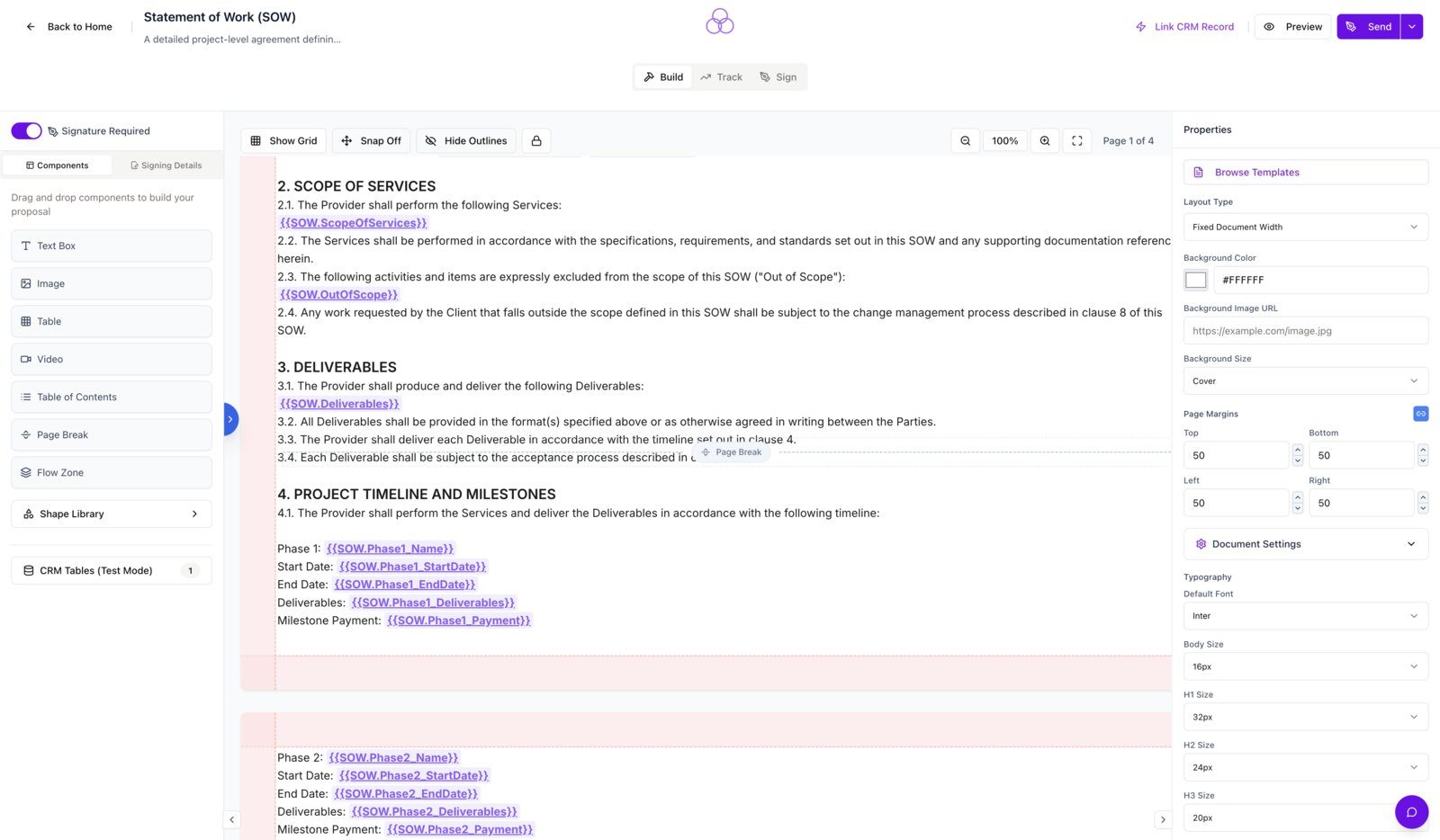 SalesSign SOW template with scope, deliverables, milestones and rates locked while reps tailor only the intro