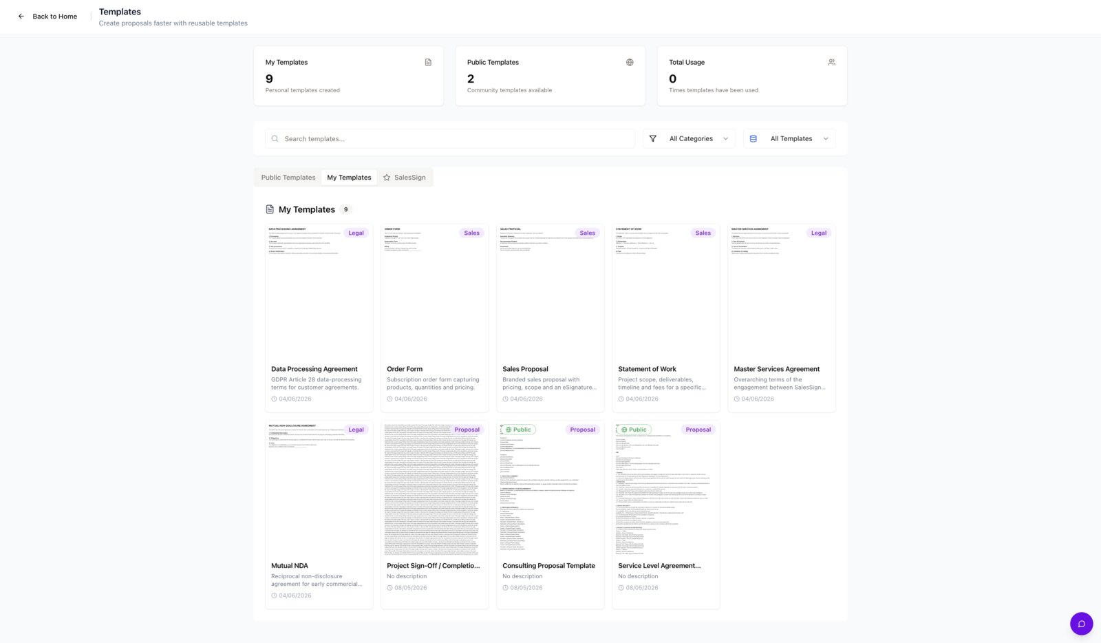The SalesSign template library with NDA, MSA, SOW, proposal and order-form templates for the full customer lifecycle