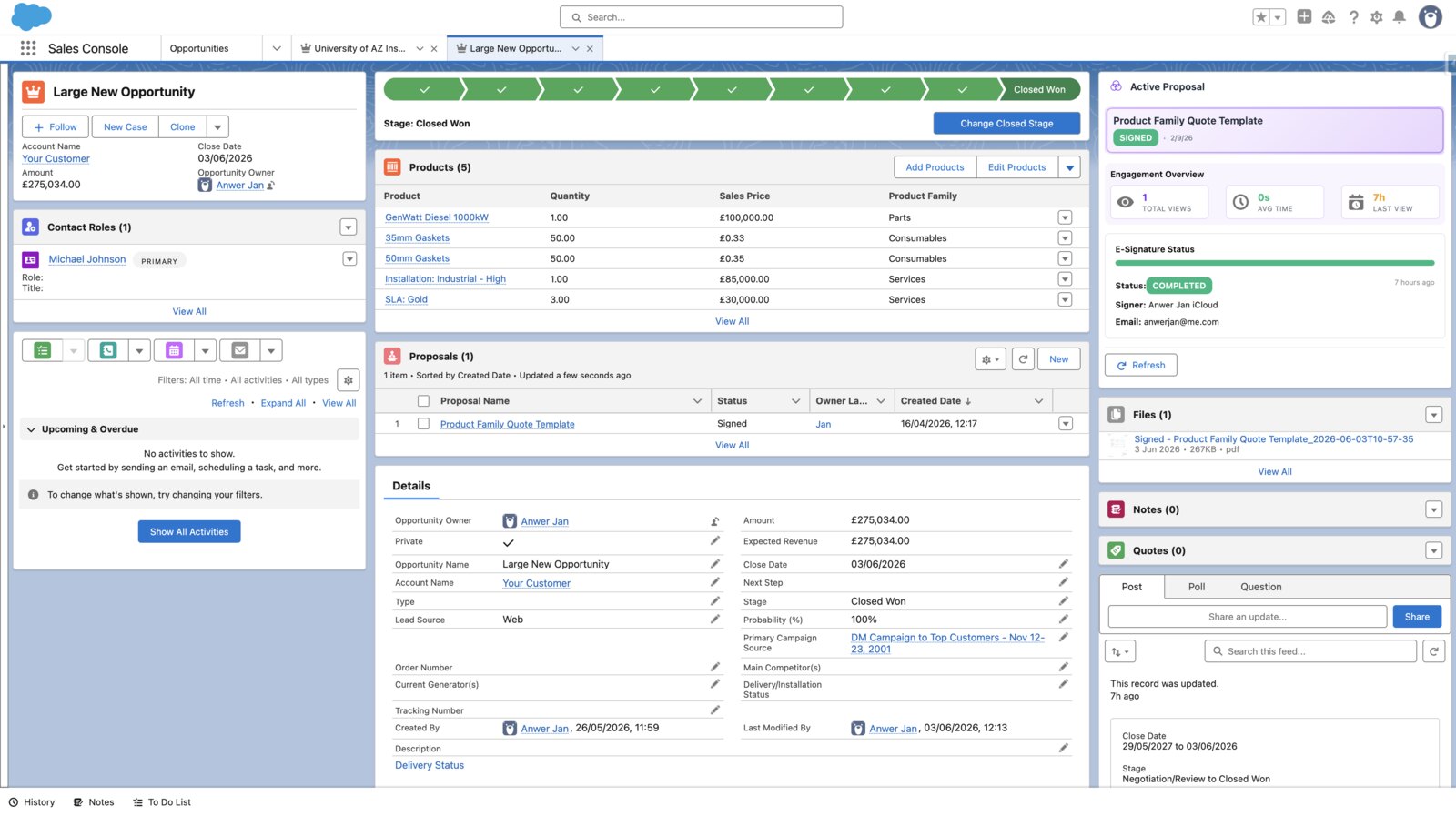 A signed SalesSign proposal on a Closed-Won Salesforce Opportunity, showing products and a completed e-signature